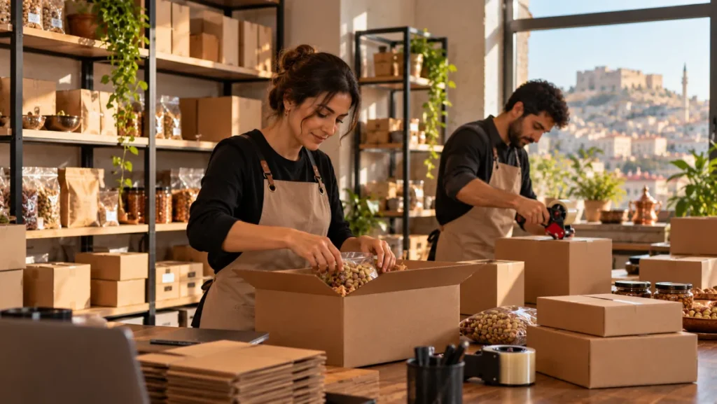 Gaziantep’te küçük bir atölyede e-ticaret siparişlerini paketleyen çalışanlar