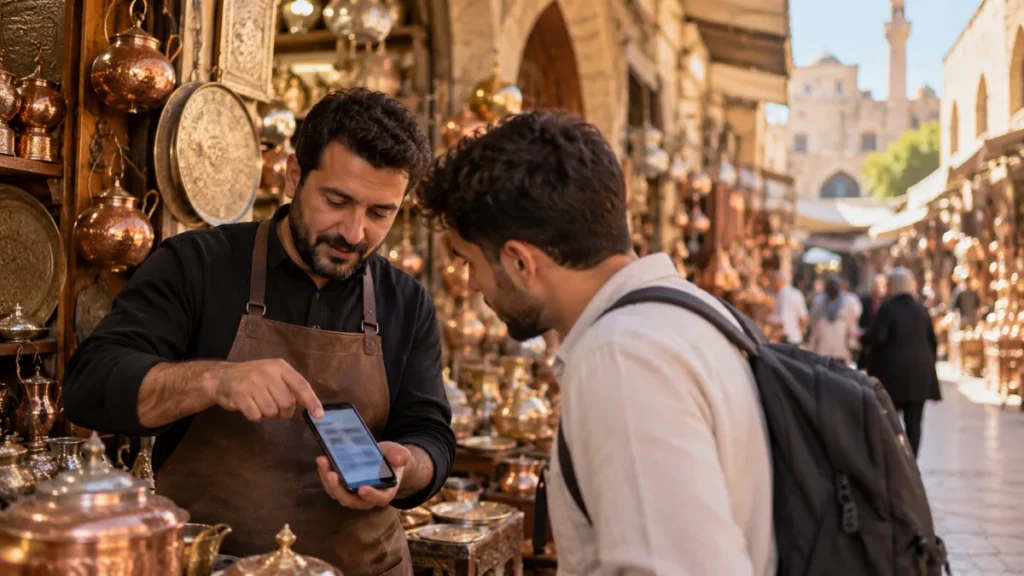 Gaziantep çarşısında müşterisine telefondan yol tarifi gösteren esnaf
