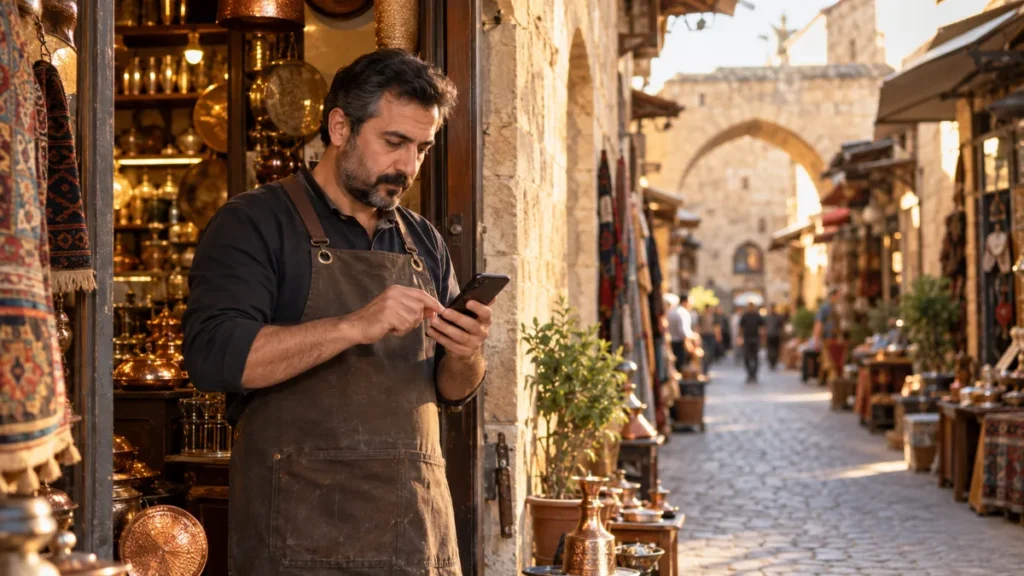 Gaziantep’te telefonundan yerel bir hizmet arayan esnaf, arka planda çarşı