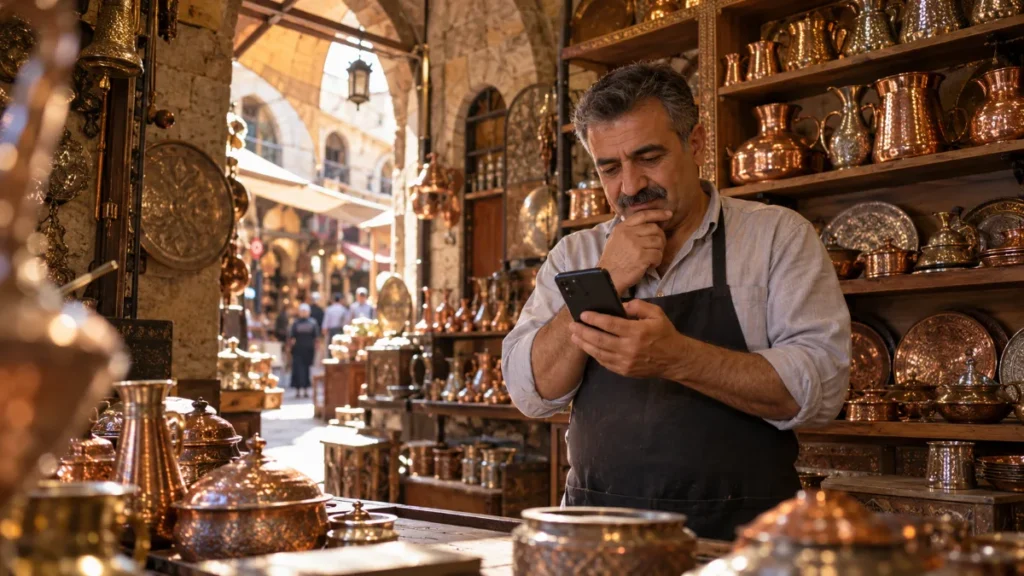 Gaziantep çarşısındaki bakırcı dükkânında telefonundan işletmesini arayan esnaf