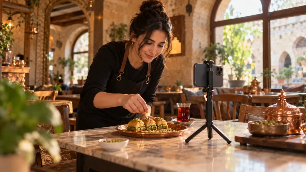 Gaziantep’te bir kafede ürününü telefonla çeken işletme sahibi