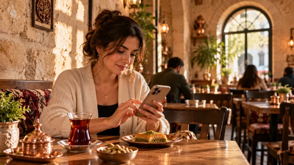 Gaziantep’te bir kafede telefonundan Instagram’a bakan genç kadın