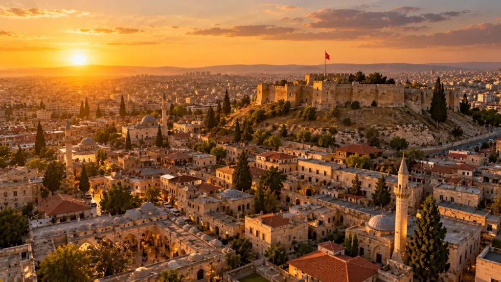 Gaziantep tarihi kent dokusunun gün batımında havadan görünümü