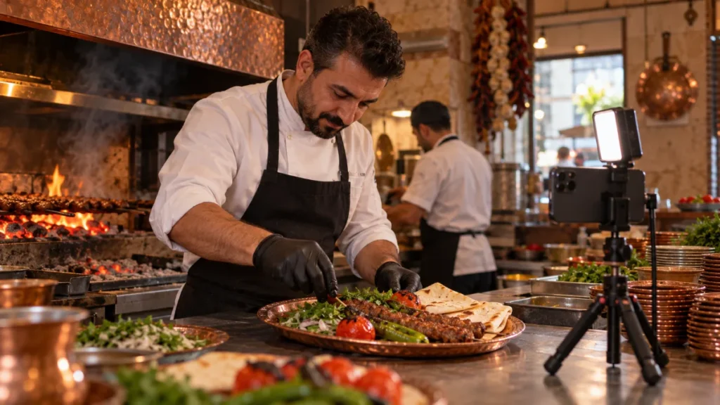 Gaziantep’te bir restoran mutfağında tabak hazırlayan aşçı ve tripoda takılı telefon