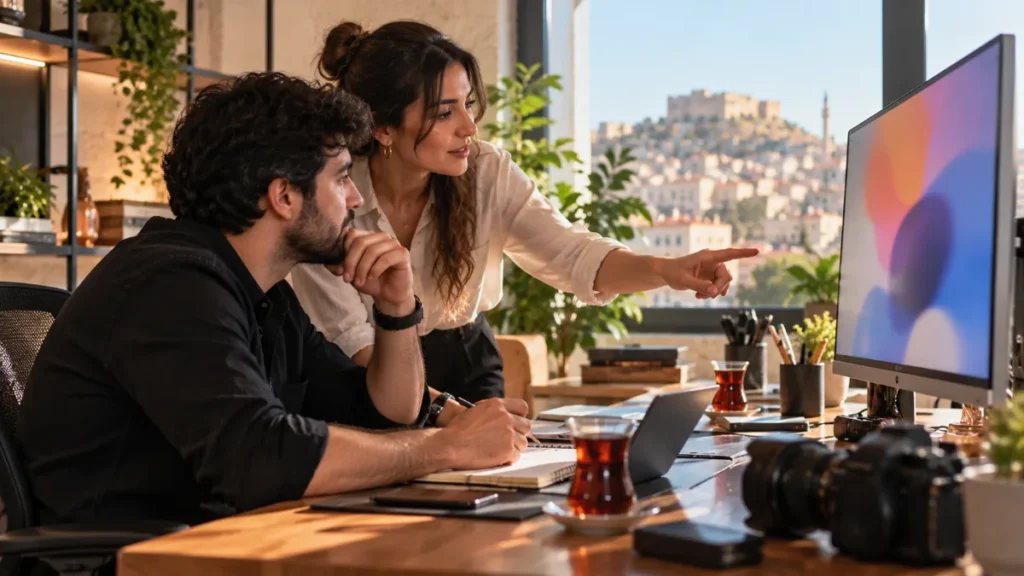 Gaziantep’te bir ofiste ekran başında reklam performansını inceleyen pazarlama ekibi