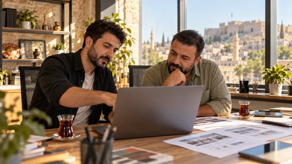 Gaziantep’te bir ofiste web tasarımcı ile işletme sahibinin sayfa taslaklarını incelemesi