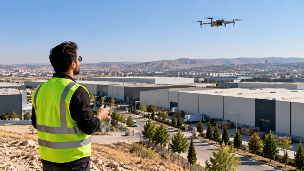 Gaziantep organize sanayi bölgesinde kumandasıyla drone uçuran pilot