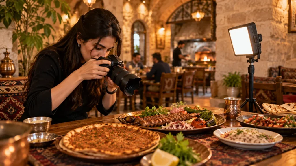 Gaziantep’te bir restoranda yemek tabağını sosyal medya için fotoğraflayan içerik üreticisi