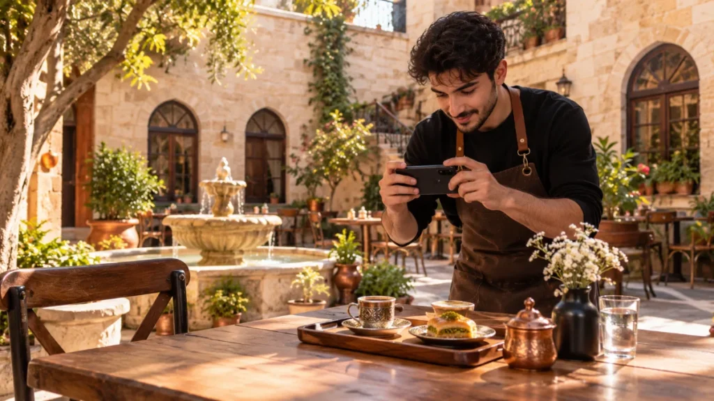 Gaziantep’te taş ev avlusundaki bir kafede telefonla kahve sunumunu çeken çalışan