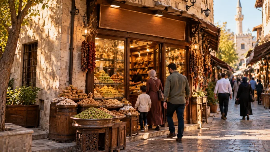 Gaziantep’te taş bir sokakta müşterilerin girdiği küçük işletme