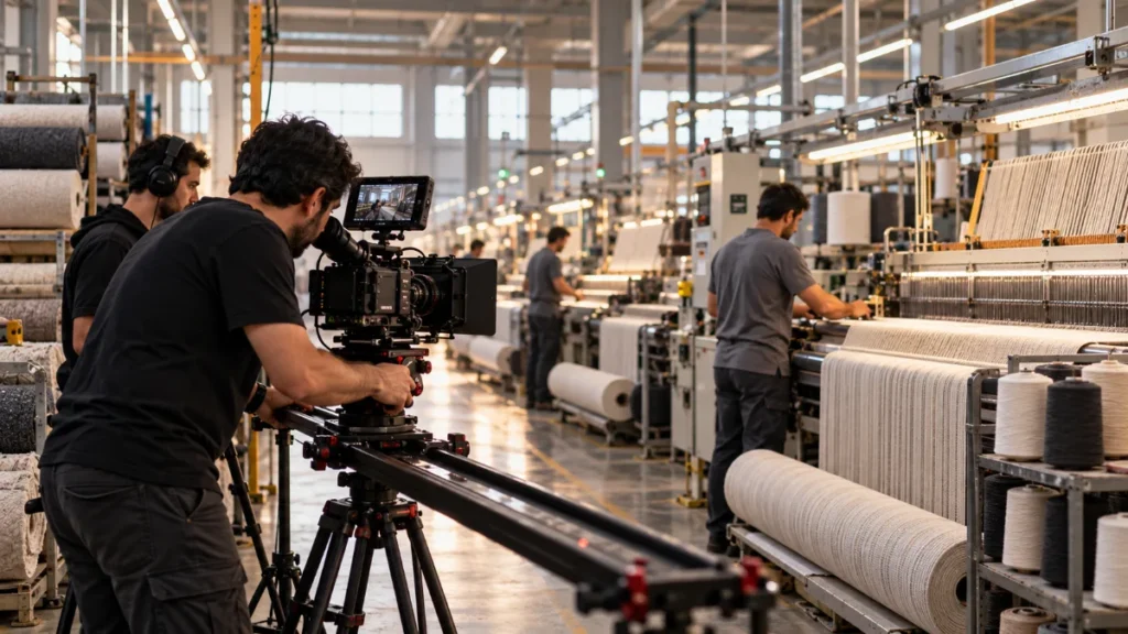 Gaziantep’te bir tekstil fabrikasında sinema kamerasıyla tanıtım filmi çeken ekip