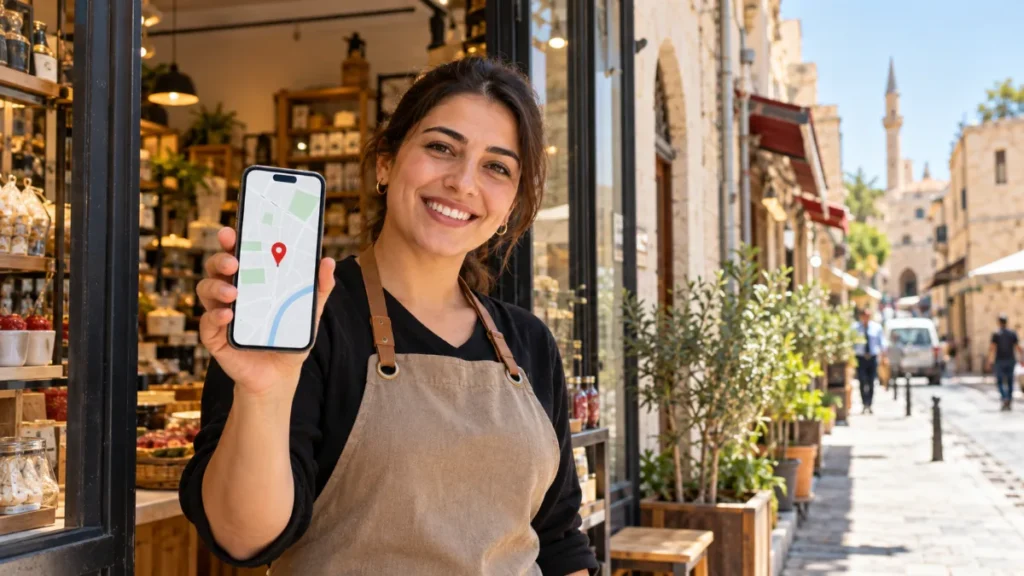 Dükkânının önünde telefonunda harita konumunu gösteren işletme sahibi