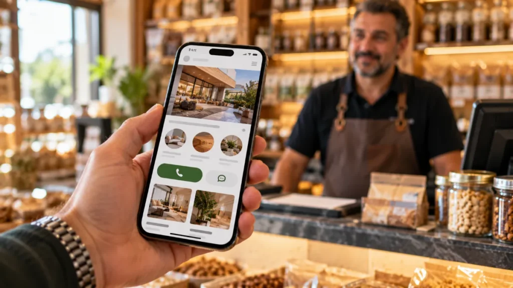 Kuruyemiş dükkânında müşterinin telefonunda arama butonlu mobil uyumlu işletme web sitesi